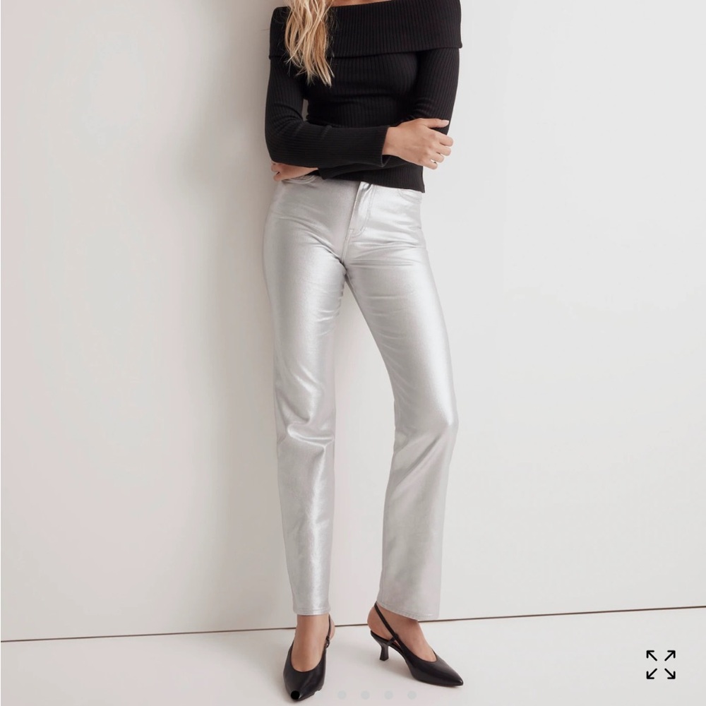 Madewell The '90s Straight Metallic Silver Jeans Size 31 High Rise Statement
